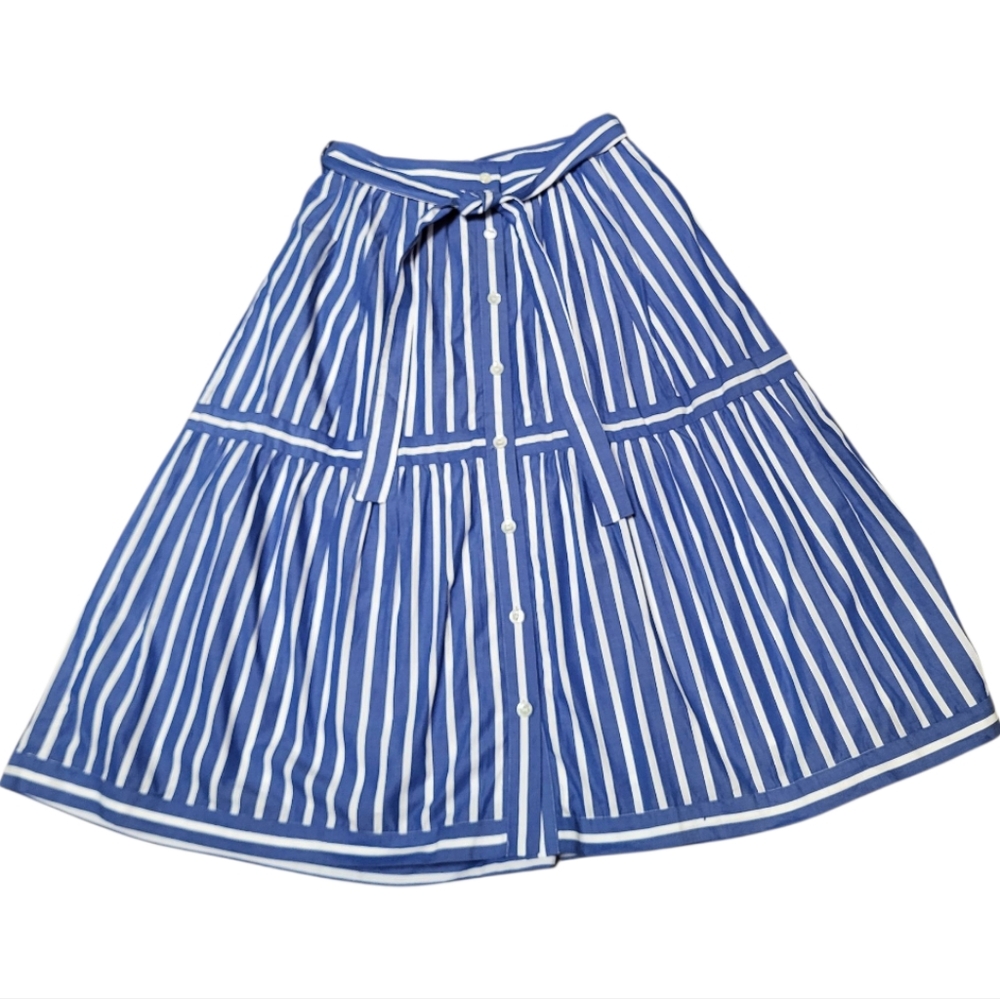J. Crew Blue White A-Line Button Front Pleated Midi Skirt with Tie - Size 0 - Picture 3 of 6